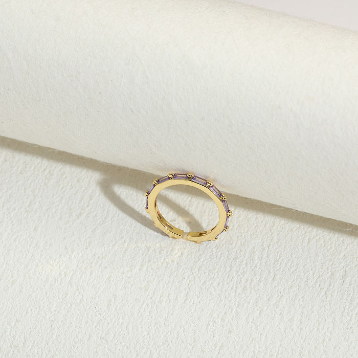 Estilo simples estilo clássico retângulo cobre assimétrico chapeamento embutido zircão anéis abertos banhados a ouro 14K