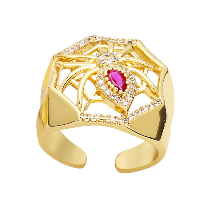 Hip-Hop Exaggerated Spider Spider Web Copper Plating Inlay Zircon 18K Gold Plated Open Rings