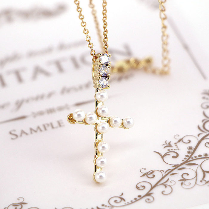 Simple Copper Gold-plated Inlaid Zircon Cross Pearl Pendant Necklace Wholesale