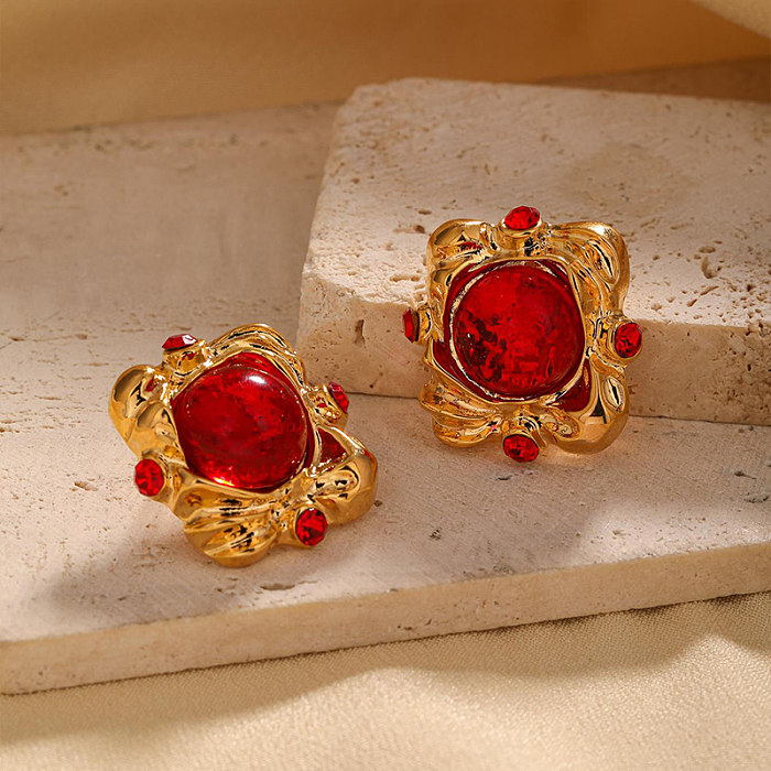 1 paire de clous d'oreilles en perles de verre et cuivre, incrustation géométrique de Style Vintage élégant