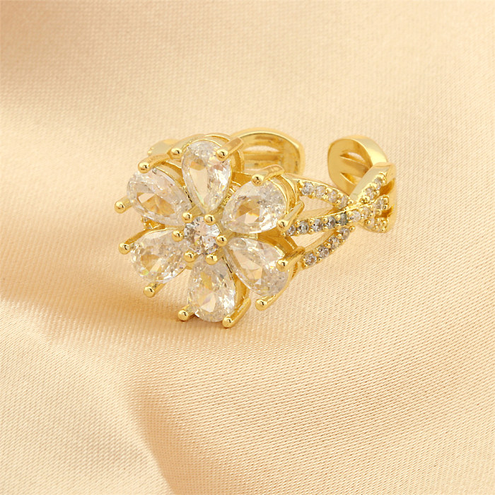 Schlichter Stil, offene Ringe mit Rosenblüten-Kupferbeschichtung, Inlay aus Zirkon, 18 Karat vergoldet