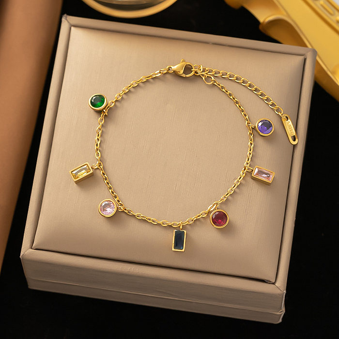 Elegante, schlichte Halskette mit geometrischem Titan-Stahlüberzug, Inlay-Zirkon-Armband, 18 Karat vergoldet