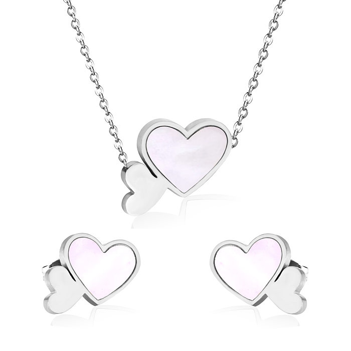 Conjunto de joyería para mujer con revestimiento de concha de acero inoxidable con forma de corazón de moda de 2 piezas
