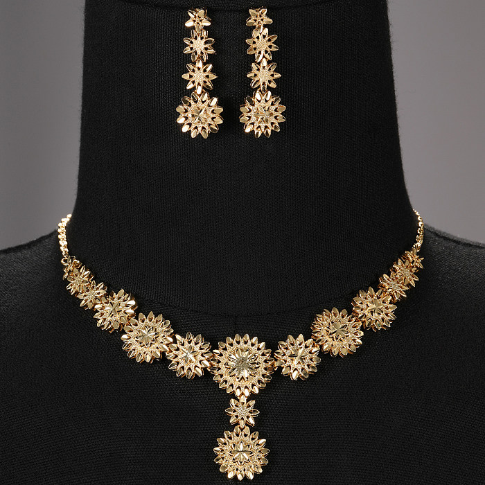 1 Juego de pendientes y collar unisex chapados en cobre, Flor Retro, conjunto de joyería