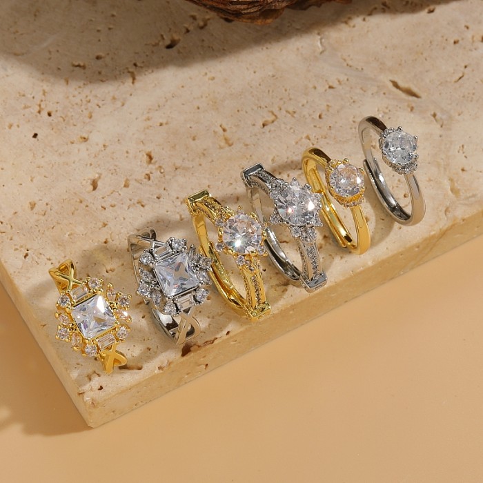 Estilo simples brilhante redondo quadrado cobre chapeamento embutimento zircão 14K anéis abertos banhados a ouro