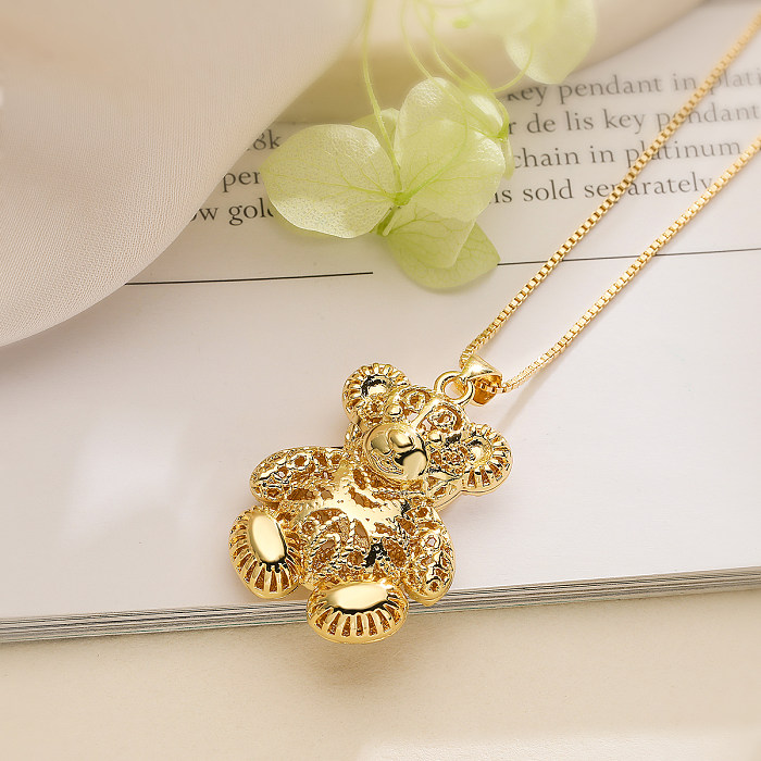 Simple Style Commute Little Bear Copper 18K Gold Plated Artificial Pearls Zircon Pendant Necklace In Bulk