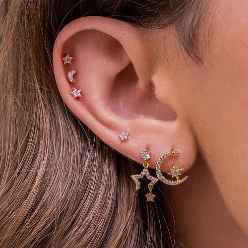 Boucles d'oreilles en Zircon plaqué cuivre, 6 pièces, étoile, lune, à la mode