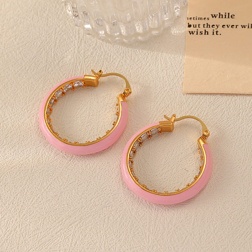 1 Pair Casual Simple Style Circle Copper Brass Enamel Plating Inlay Zircon 18K Gold Plated Hoop Earrings