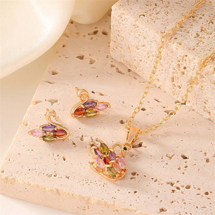 Collier de boucles d'oreilles en Zircon, Style Simple et décontracté, fleur brillante, papillon, placage de cuivre, incrustation