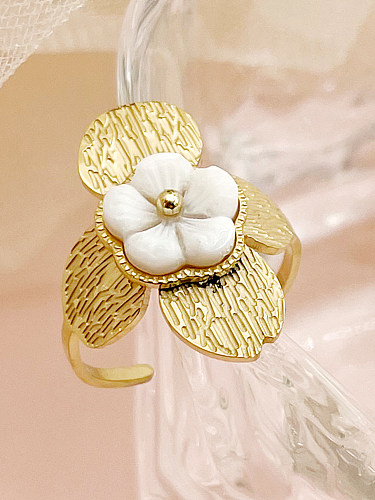 Sweet Flower Stainless Steel Gold Plated Natural Stone Open Ring In Bulk