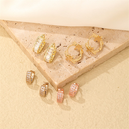 1 par de pendientes chapados en oro blanco chapado en oro rosa con incrustaciones de estrella redonda brillante de estilo informal y sencillo