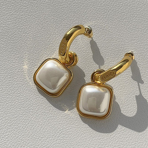 Boucles d'oreilles carrées en cuivre à la mode, incrustation de perles en cuivre