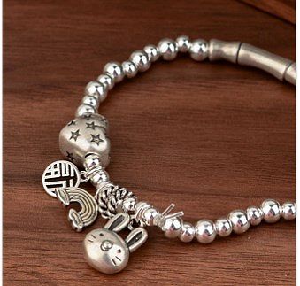 Bracelets plaqués argent en forme de cœur arc-en-ciel, lapin mignon, placage de perles en cuivre