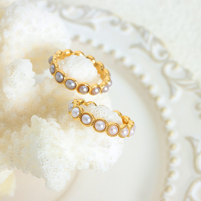 Elegant Lady Baroque Style Geometric Titanium Steel Plating Inlay Artificial Pearls 18K Gold Plated Rings