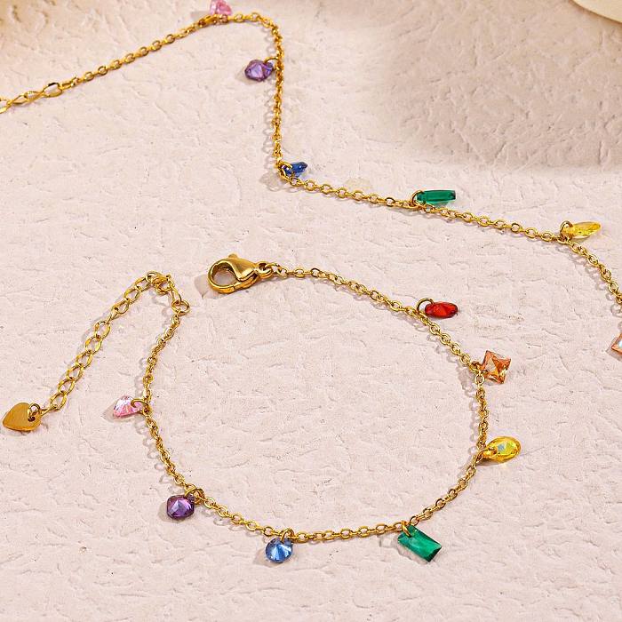 Bracelet de cheville plaqué or 18 carats avec strass en acier titane multicolore de style simple et décontracté