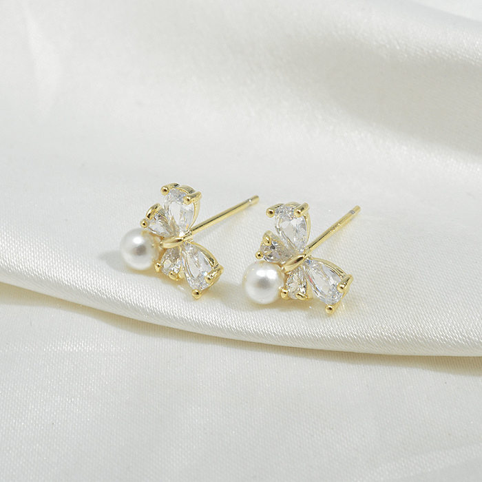 Fashion Butterfly Copper Inlay Artificial Pearls Zircon Ear Studs 1 Pair