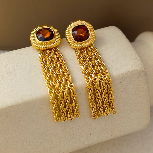 1 Pair Simple Style Round Copper Tassel Inlay Rhinestones Earrings