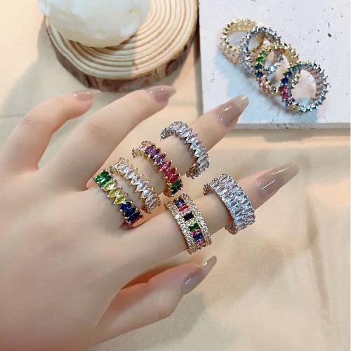 Simple Style Geometric Colorful Copper Inlay Zircon Rings