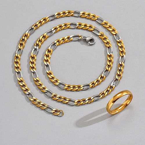 2-teiliges Set mit Ringen und Halsketten mit modischer Farbblock-Edelstahlbeschichtung
