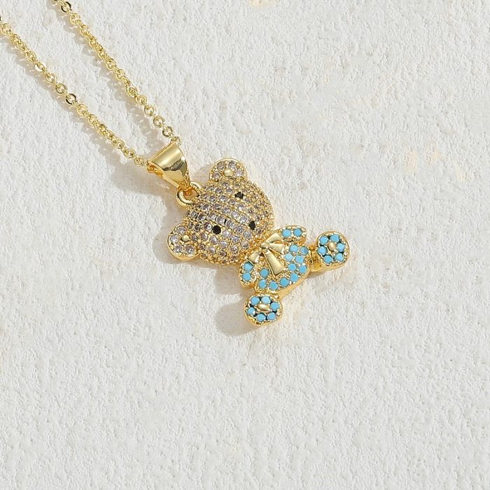Cute Bear Copper Plating Inlay Zircon 14K Gold Plated Pendant Necklace