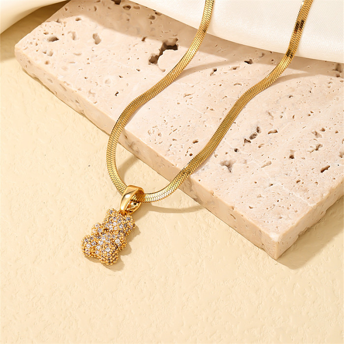Lässige, niedliche, süße kleine Bären-Halskette aus Edelstahl mit Kupfer-Zirkon-Anhänger in großen Mengen