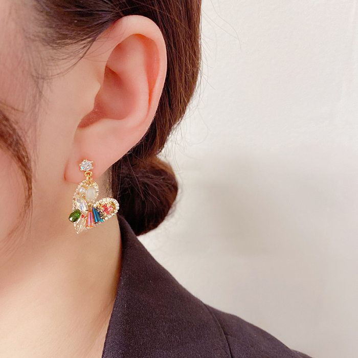 1 Pair Elegant Lady Heart Shape Inlay Copper Rhinestones Drop Earrings