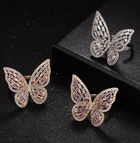 Elegant Butterfly Copper Plating Inlay Zircon Rose Gold Plated White Gold Plated Gold Plated Open Ring