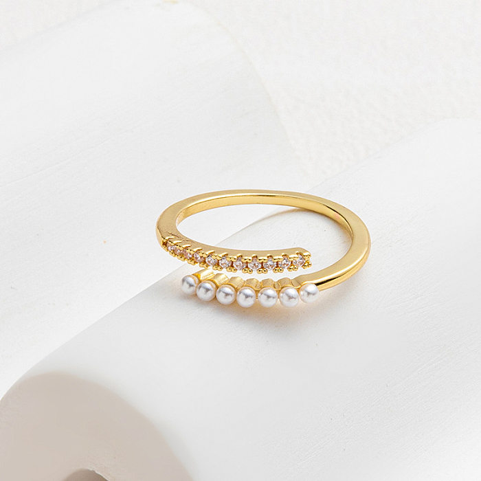 Anillo abierto de cobre de Color sólido a la moda con incrustaciones de perlas y circón anillos de cobre