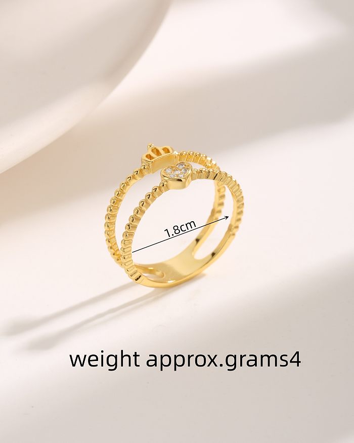 Luxuriöse, herzförmige Krone mit Rautenverkupferung, Inlay aus Zirkon, 18 Karat vergoldet, offene Ringe