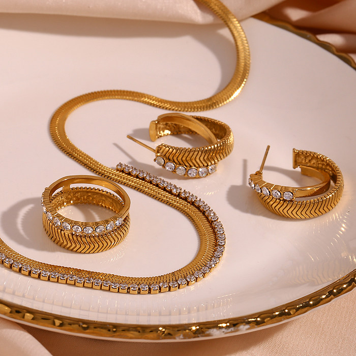 Bracelets et boucles d'oreilles plaqués or 18 carats, Style classique, couleur unie, incrustation de strass en acier inoxydable