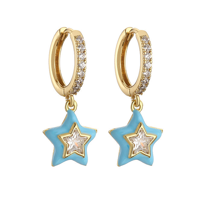 1 Pair Sweet Star Enamel Inlay Copper Zircon Earrings