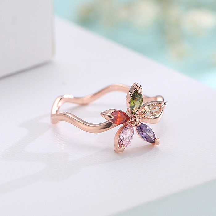 Simple Style Flower Copper Irregular Zircon Rose Gold Plated Wave Ring