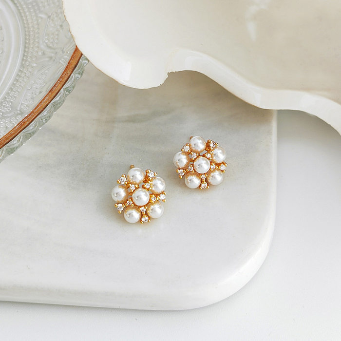 1 paire de clous d'oreilles en Zircon, fleur à la mode, placage de cuivre, perles artificielles