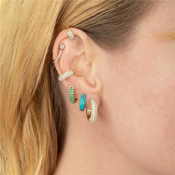 European And American Fashion Classics C- Type Luxury Full Diamond Ear Clip Circle Ear Clip Geometric Color Dense Nail Wide Ring Earrings