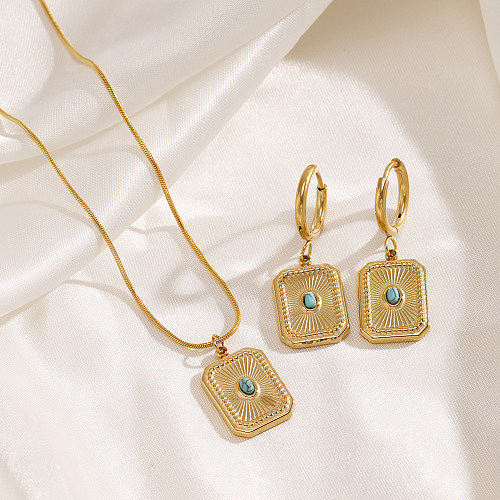 Simple Style Rectangle Stainless Steel Inlay Turquoise 18K Gold Plated Earrings Necklace
