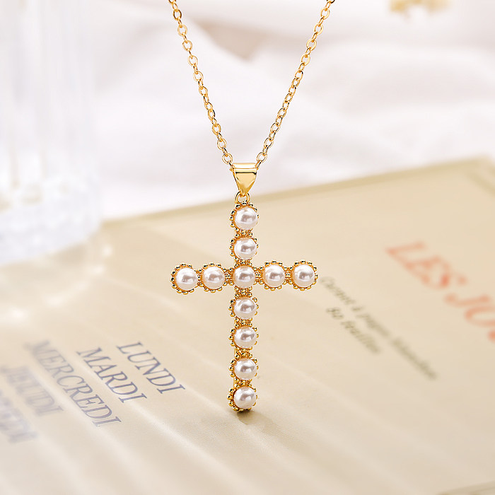 Simple Style Commute Cross Copper Plating Inlay Artificial Pearls 18K Gold Plated Pendant Necklace