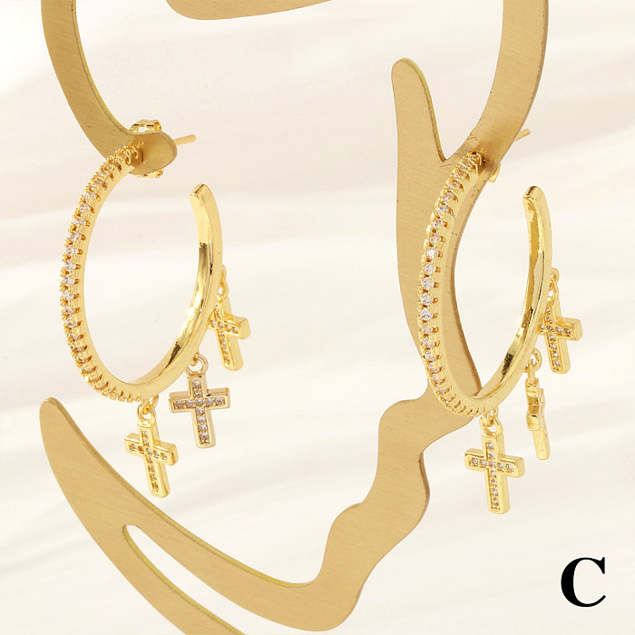 1 Pair Vintage Style Exaggerated Cross Heart Shape Butterfly Plating Inlay Copper Zircon 18K Gold Plated Drop Earrings