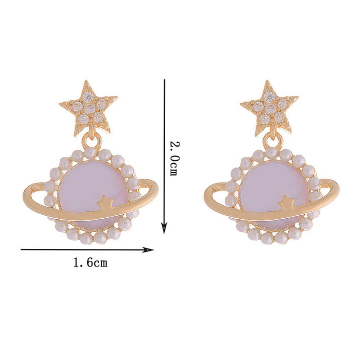 1 Pair Elegant Planet Plating Inlay Copper Pearl Zircon 14K Gold Plated Drop Earrings