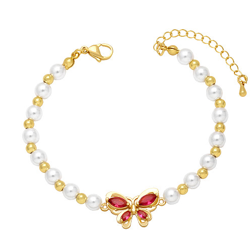 Mode Papillon Imitation Perle Cuivre Perlé Plaqué Or Zircon Bracelets 1 Pièce