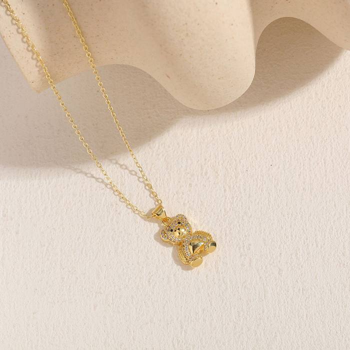 Bonito e luxuoso streetwear pequeno urso latão 14K banhado a ouro colar com pingente de zircão a granel