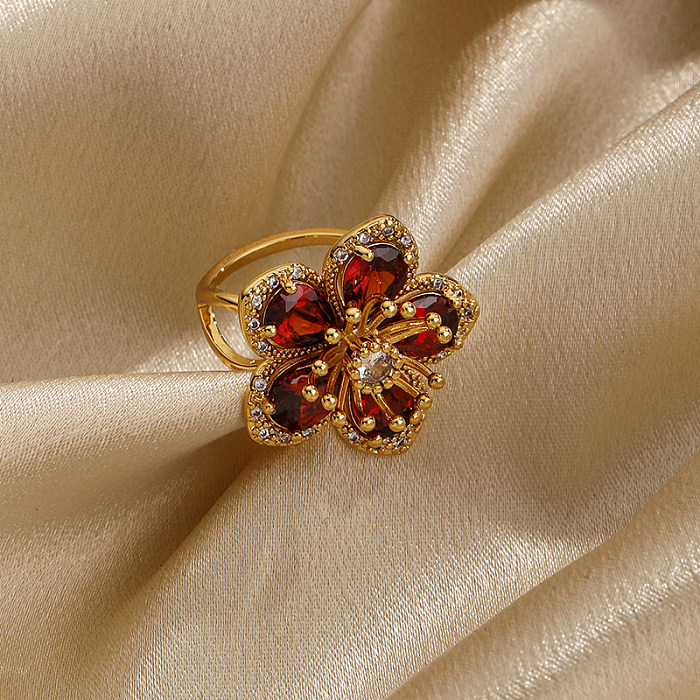 Anneaux ouverts plaqués or 18K de Zircon d'incrustation de cuivre de fleur douce de Style d'IG