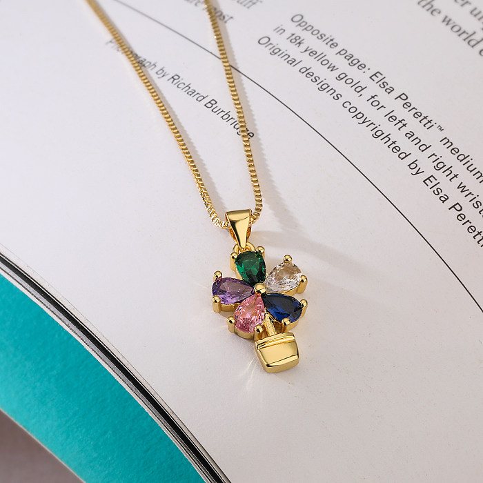 Elegant Basic Simple Style Flower Copper 18K Gold Plated Zircon Pendant Necklace In Bulk