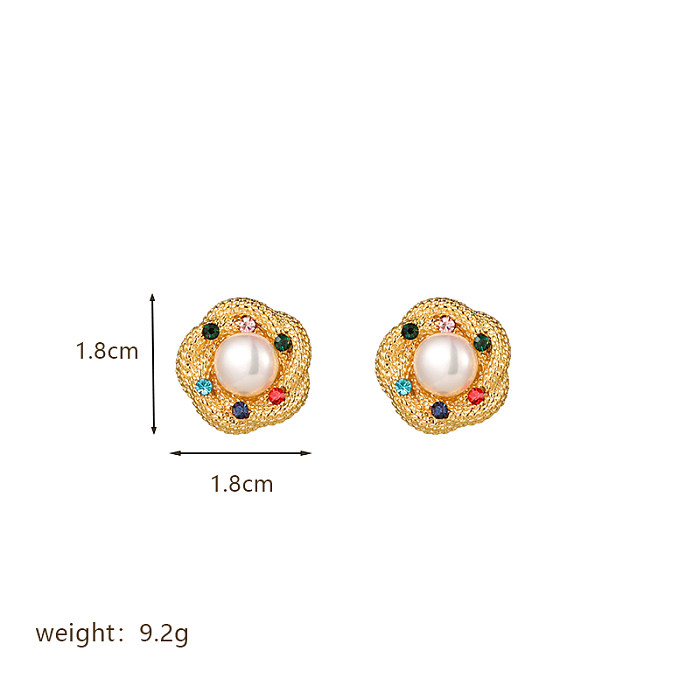 1 Pair Retro Water Droplets Heart Shape Flower Plating Inlay Copper Rhinestones Pearl 18K Gold Plated Ear Studs
