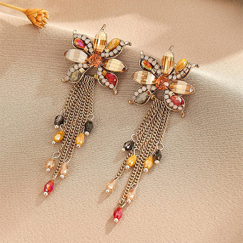 1 paire de boucles d'oreilles pendantes en cuivre et cristal, Style ethnique rétro, incrustation géométrique, Zircon
