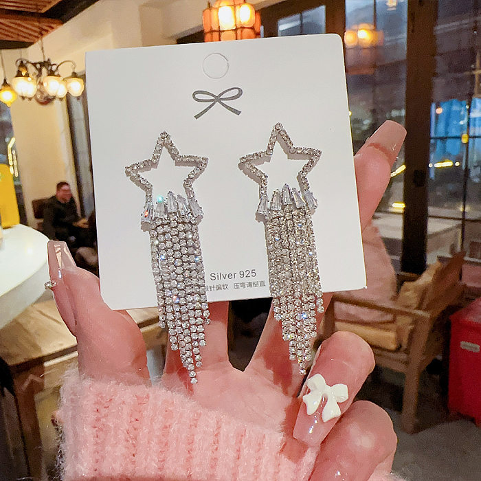 1 Pair Streetwear Pentagram Tassel Inlay Copper Artificial Diamond Drop Earrings