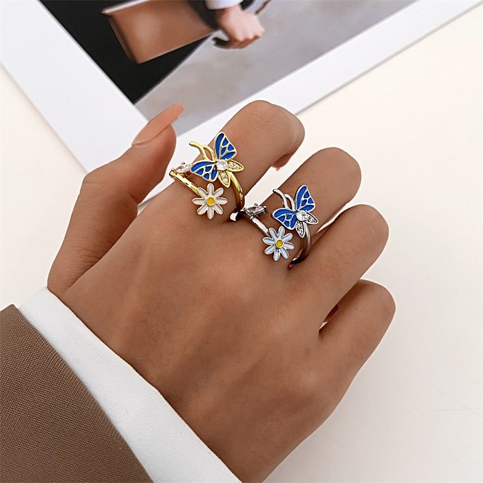 Fashion Flower Butterfly Copper Inlay Rhinestones Open Ring 1 Piece