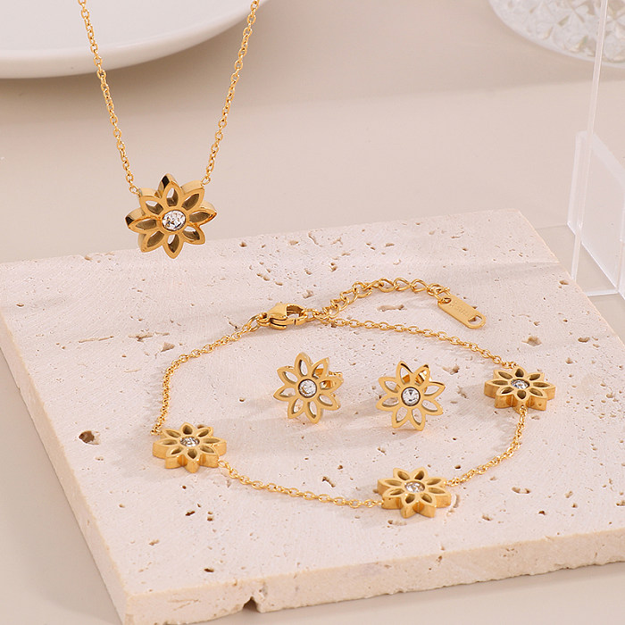 Simple Style Lotus Chrysanthemum Titanium Steel Plating Hollow Out 18K Gold Plated Bracelets Earrings Necklace