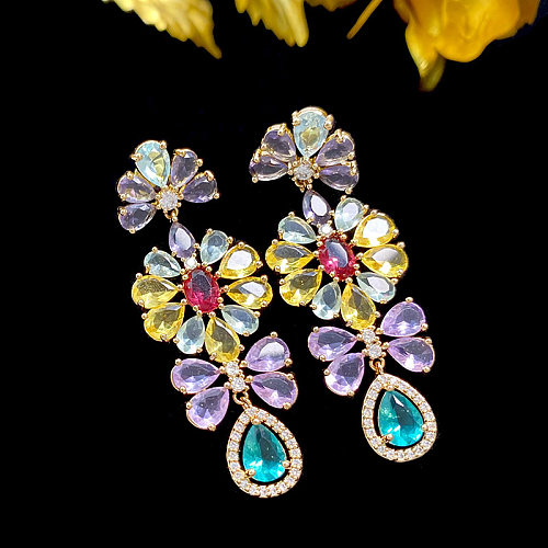 1 Pair Shiny Water Droplets Flower Inlay Copper Zircon Drop Earrings