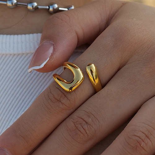 IG-Stil, schlichter Stil, unregelmäßiger, einfarbiger, offener Ring aus Edelstahl mit 18-Karat-Vergoldung