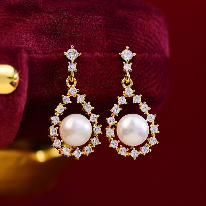 1 Pair Elegant Sweet Round Water Droplets Plating Inlay Copper Artificial Pearls Zircon 14K Gold Plated Drop Earrings
